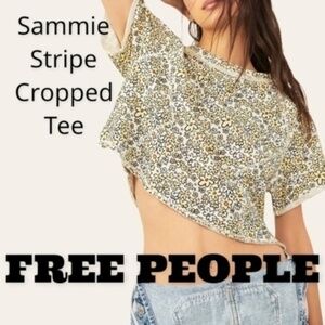 FREE PEOPLE NWT Sammie Stripe Cropped Short Raglan Sleeve Printed COTTON Tee/LG